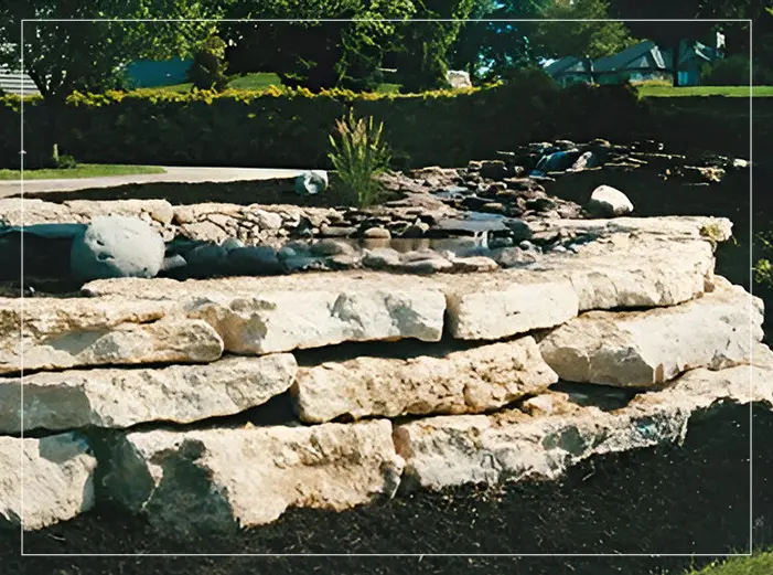 A stone wall with plants growing in it.