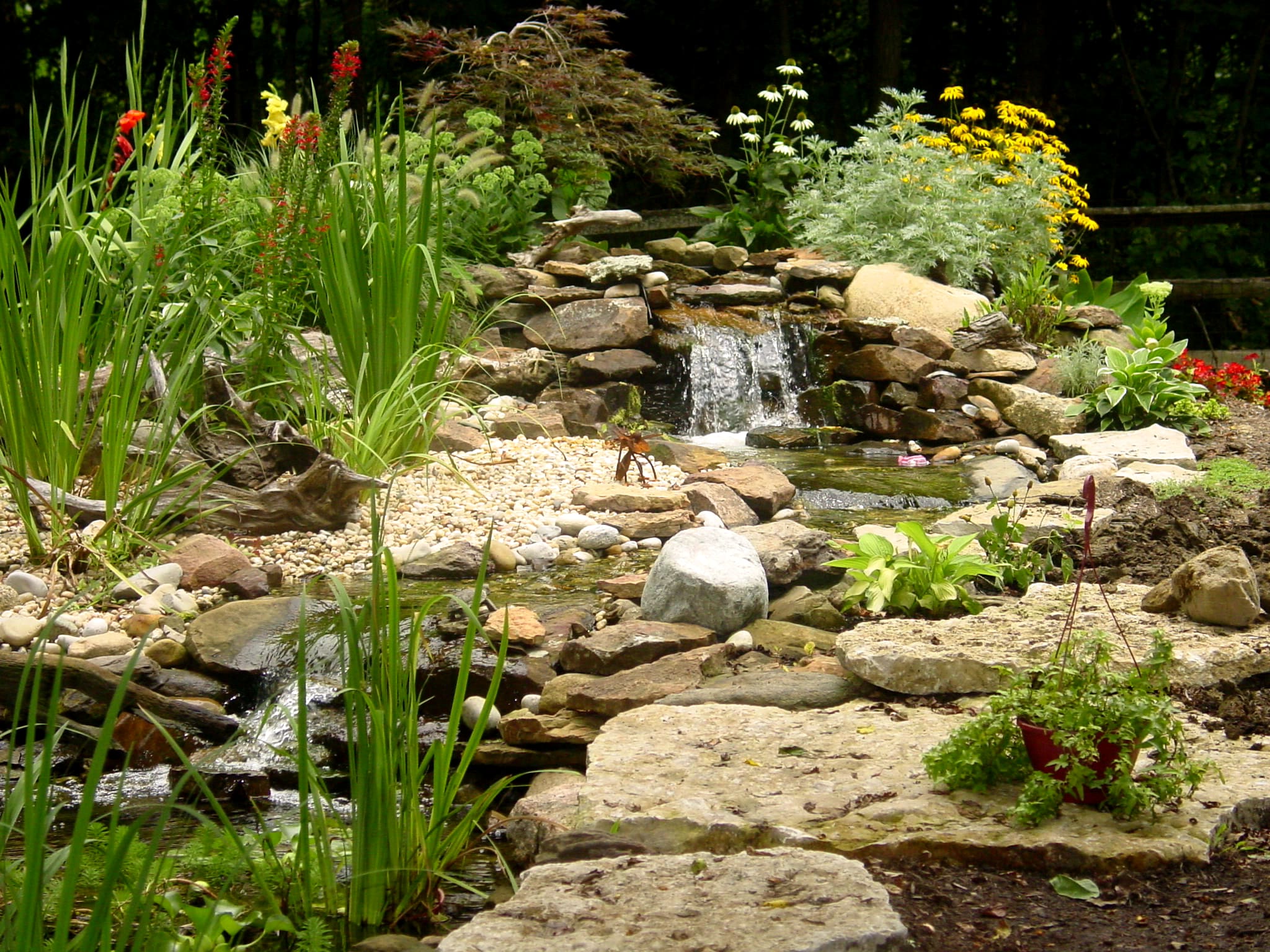 A garden with rocks and water features